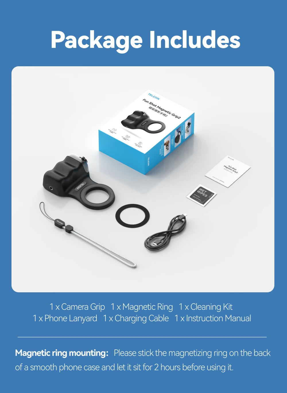 Empuñadura Magnética TELESIN Fun Shot con Control Remoto – Soporte de Cámara para Teléfonos Android e iOS